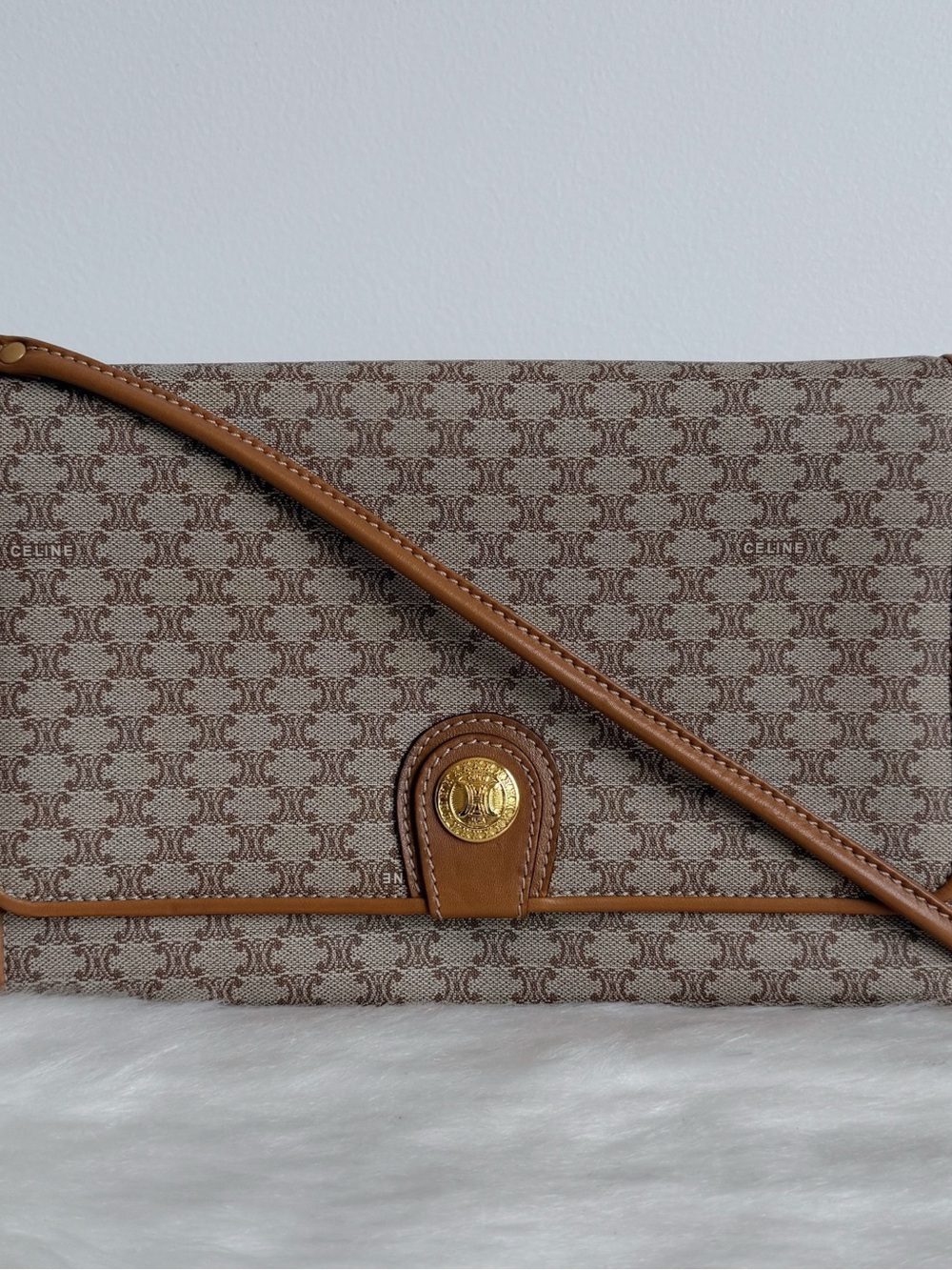 Celine Brown Monogram Shoulder Clutch with Gold Accent